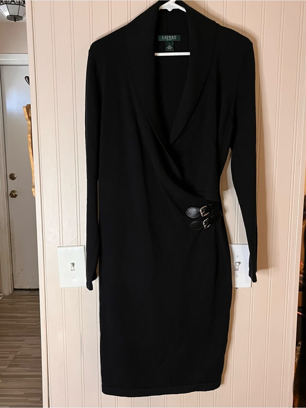Lauren Ralph Lauren Black Wrap Knit Sweater Dress Shawl Neck Side Buckles Sz